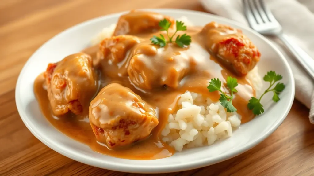 Crockpot Chicken and Gravy with tender slow-cooked chicken pieces immersed in a rich, creamy gravy and garnished with fresh parsley.