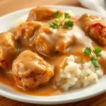 Crockpot Chicken and Gravy with tender slow-cooked chicken pieces immersed in a rich, creamy gravy and garnished with fresh parsley.