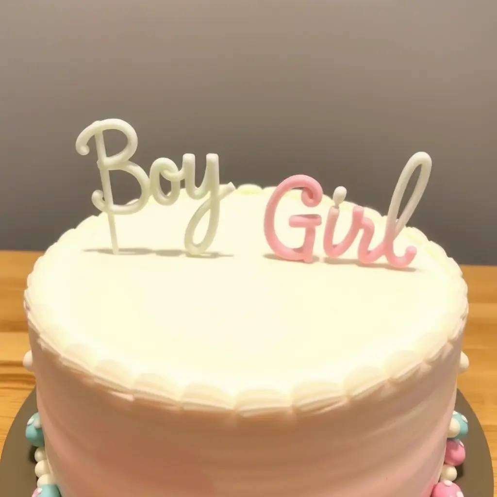 A gender reveal cake with a white frosted top and "Boy" and "Girl" toppers in white and pink, sitting on a wooden table. The sides of the cake have subtle blue and pink hues with decorative pearls.