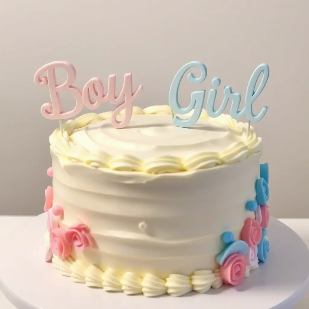 A gender reveal cake with white frosting, featuring "Boy" and "Girl" toppers in pastel blue and pink, decorated with piped cream swirls and fondant flowers.