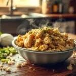 A steaming bowl of homemade chicken and dressing on a rustic wooden kitchen counter, surrounded by fresh ingredients like chopped green onions, cheese, and parsley.