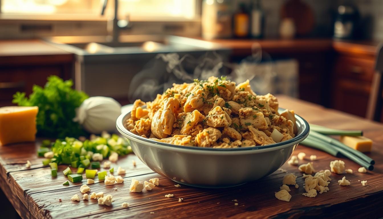 A steaming bowl of homemade chicken and dressing on a rustic wooden kitchen counter, surrounded by fresh ingredients like chopped green onions, cheese, and parsley.