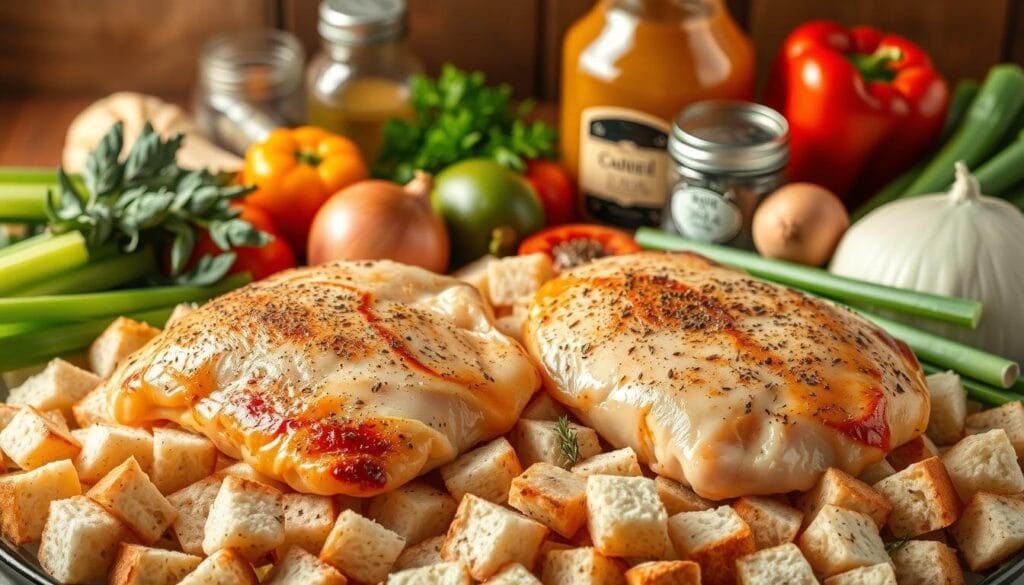 A steaming bowl of homemade chicken and dressing on a rustic wooden kitchen counter, surrounded by fresh ingredients like chopped green onions, cheese, and parsley.