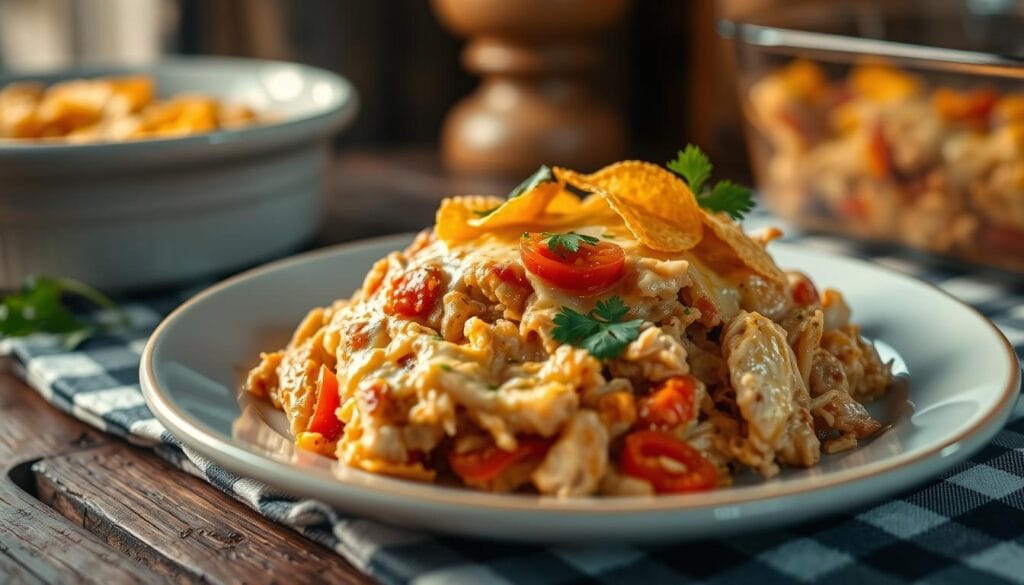 Delicious King Ranch Chicken Casserole with layers of chicken, cheese, and tortillas