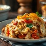 Delicious King Ranch Chicken Casserole with layers of chicken, cheese, and tortillas