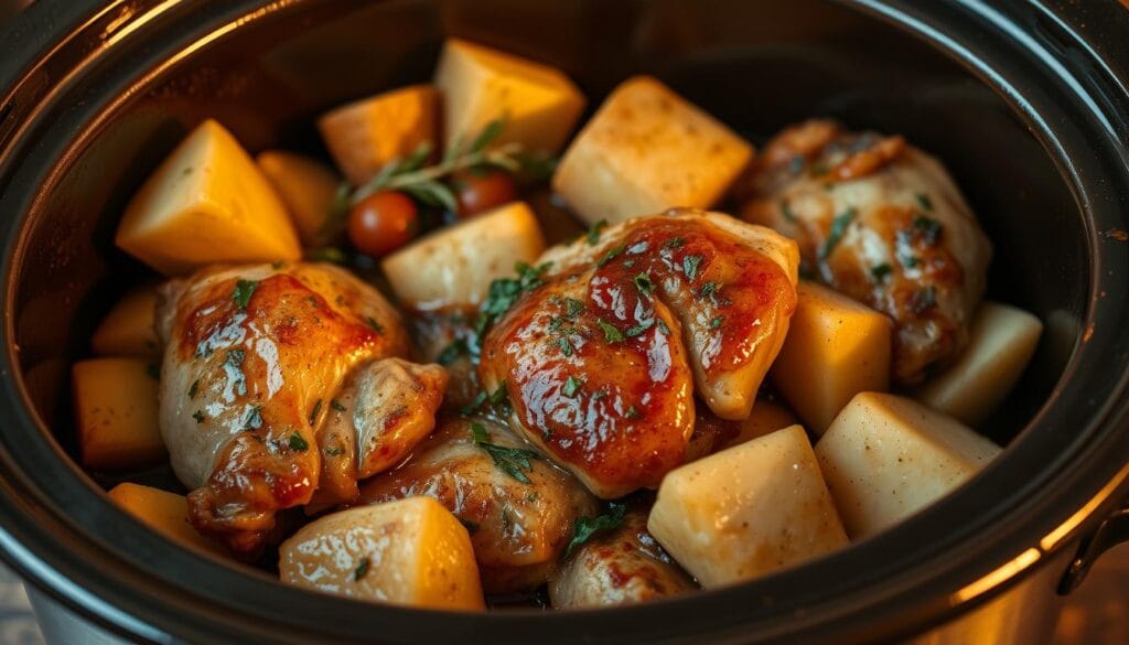 Slow cooker chicken and potatoes with tender meat and creamy potatoes in a ceramic crockpot