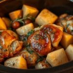 Slow cooker chicken and potatoes with tender meat and creamy potatoes in a ceramic crockpot