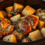 Slow cooker chicken and potatoes with tender meat and creamy potatoes in a ceramic crockpot